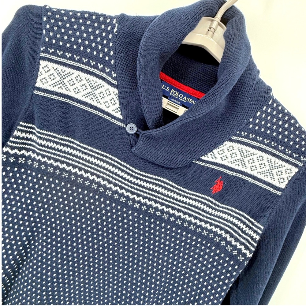 US Polo Assn Fair Isle Sweater Mens Small Shawl Collar Button Navy Birds Eye